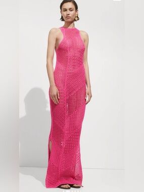 Mango MNG Pink Crochet Knit Maxi Dress Sleeveless Beach Cover Up Size M NWOT